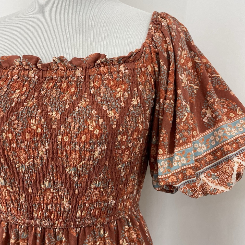 Iris Mi Size Small Smocked Mini Dress Rust Floral Boho Puff Sleeve Women - Picture 2 of 8